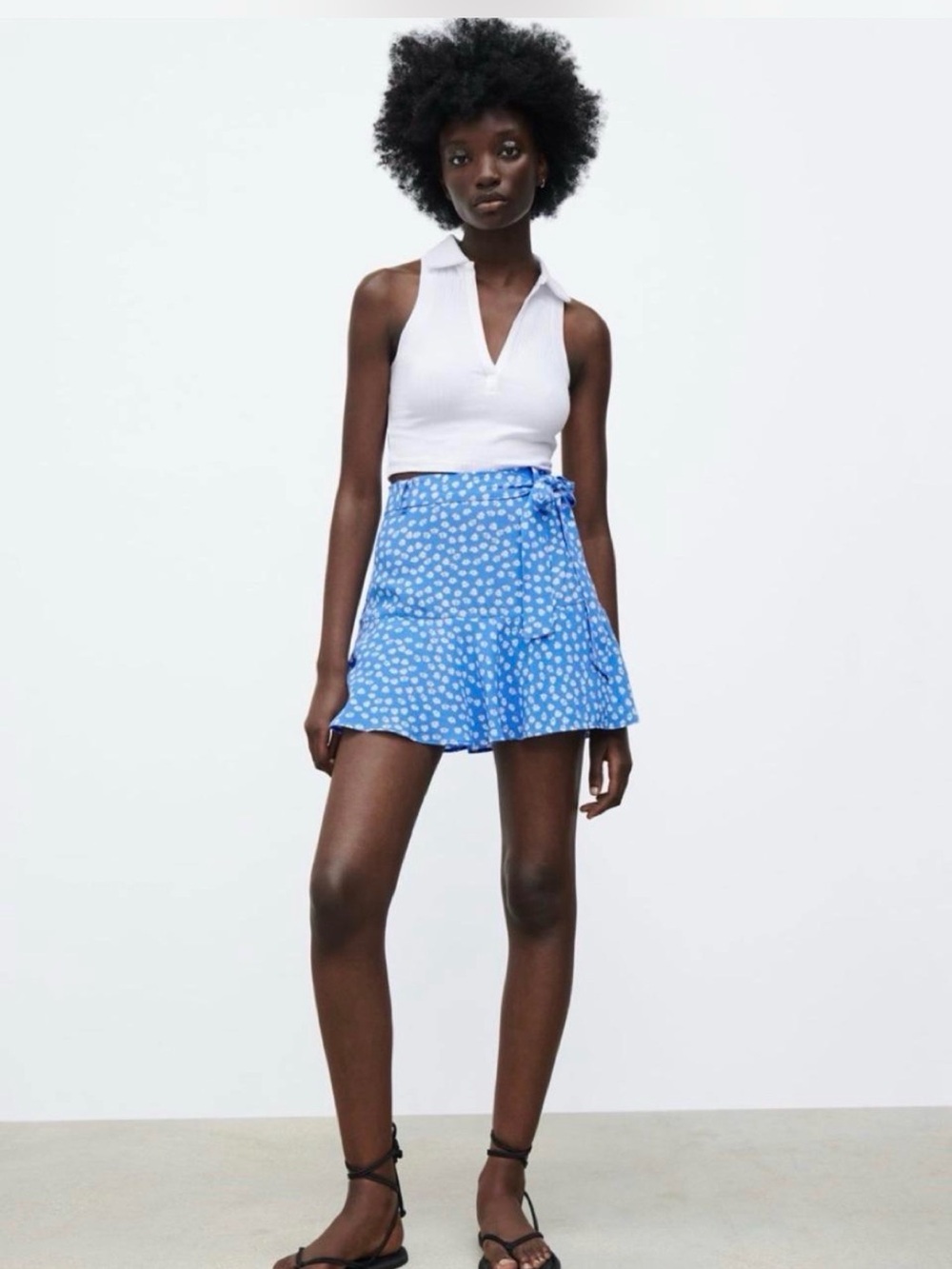 Zara Blue White Yellow Floral High Rise Mini Skort Tie Waist Womens Size Small